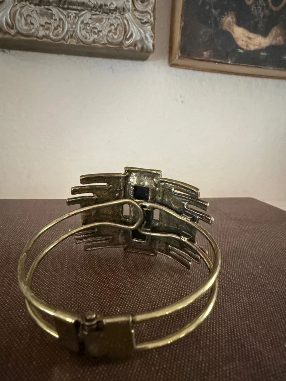 Vintage Modern Geometric‎ Gold-Tone Black Enamel Bracelet